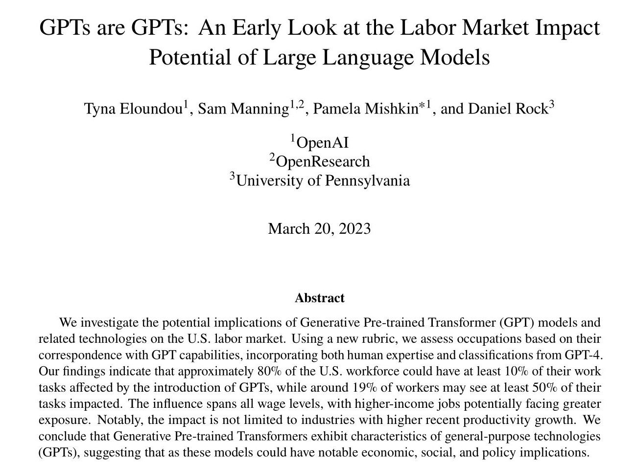 GPTs are GPTs: An Early Look at the Labor Market Impact Potential of Large Language Models